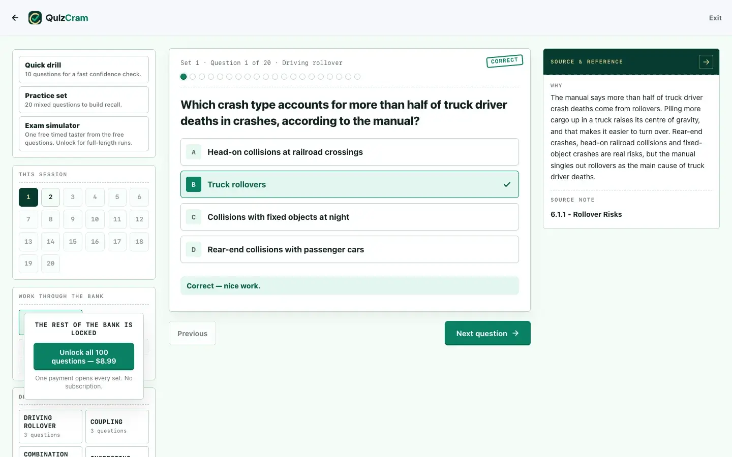 CDL Combination Vehicles Endorsement quiz on a laptop screen