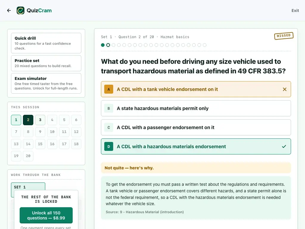 CDL Hazmat Endorsement quiz on a tablet screen