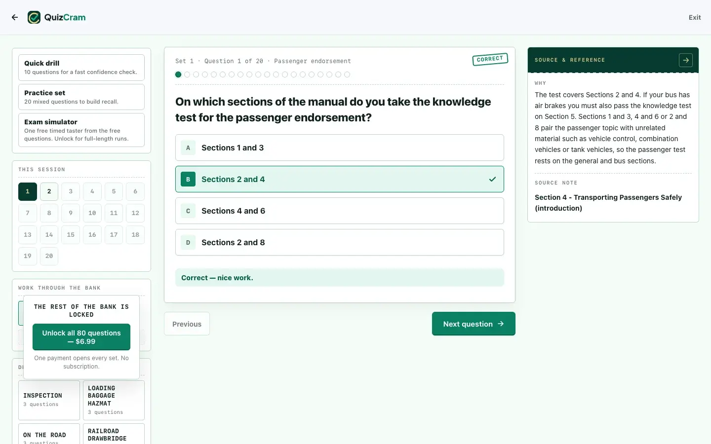 CDL Passenger Endorsement quiz on a laptop screen