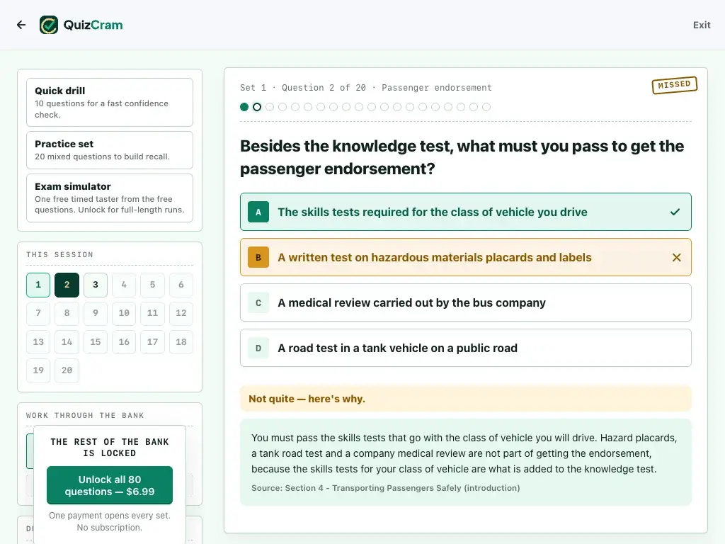 CDL Passenger Endorsement quiz on a tablet screen