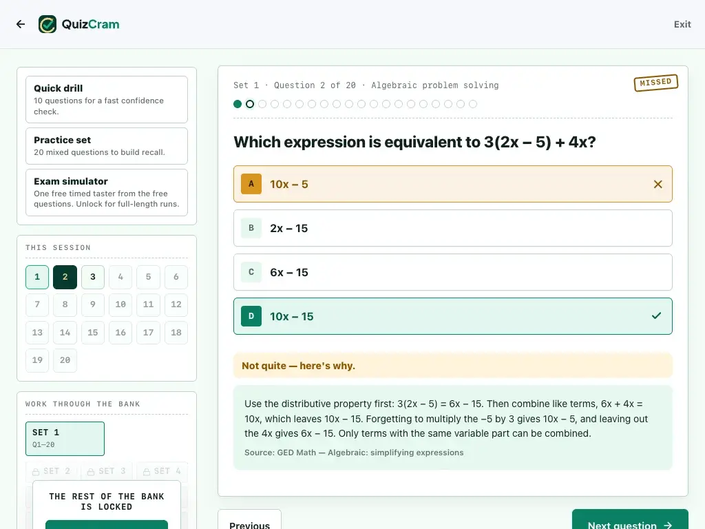 GED Test Practice quiz on a tablet screen