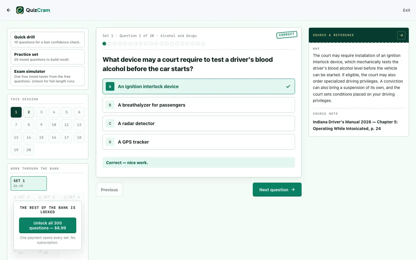 Indiana BMV Permit quiz on a laptop screen