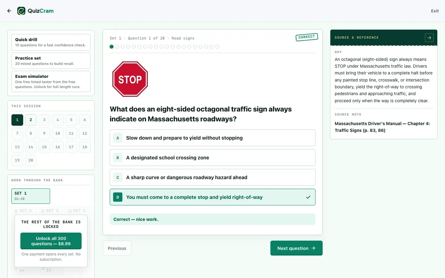 Massachusetts RMV Permit quiz on a laptop screen