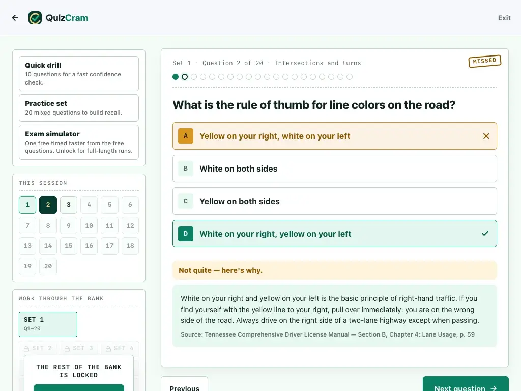 Tennessee DOS Permit quiz on a tablet screen