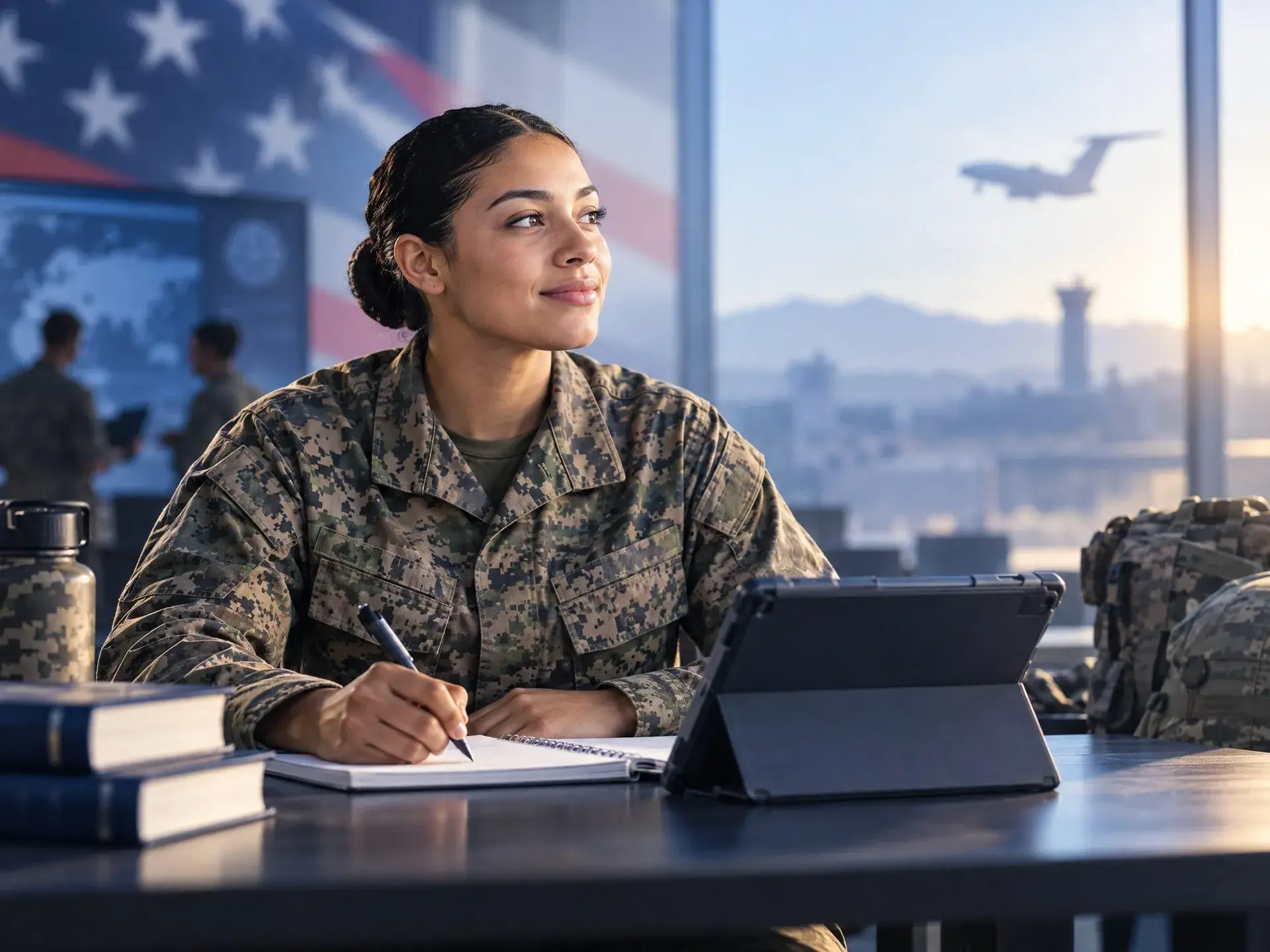 Soldier in camouflage uniform studying at a desk with a tablet, an American flag behind her