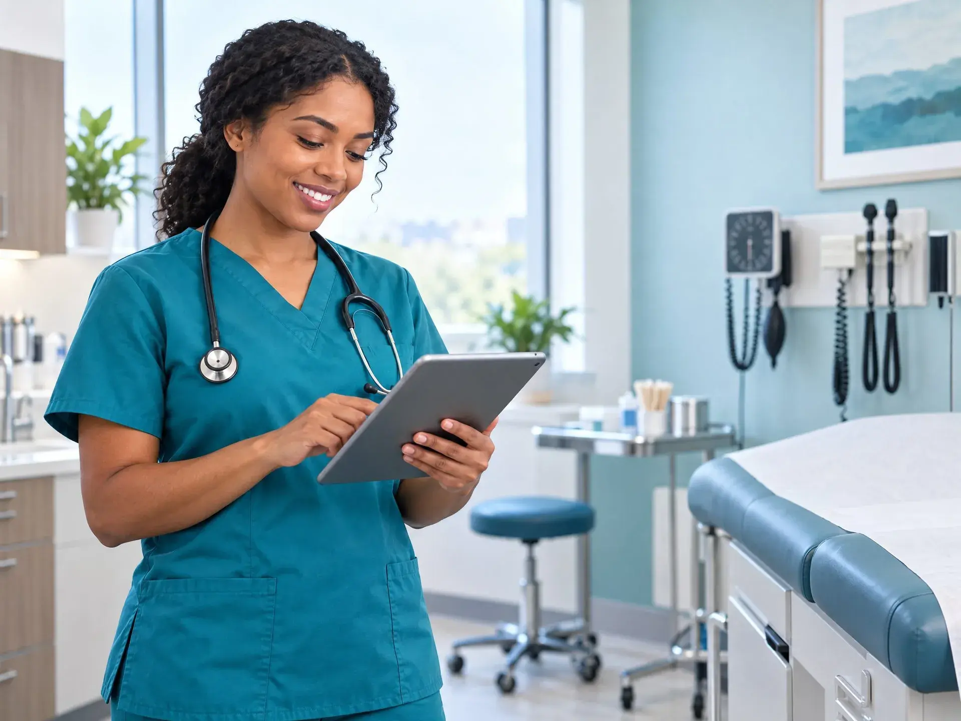 Medical assistant in teal scrubs holding a tablet in a clinic exam room