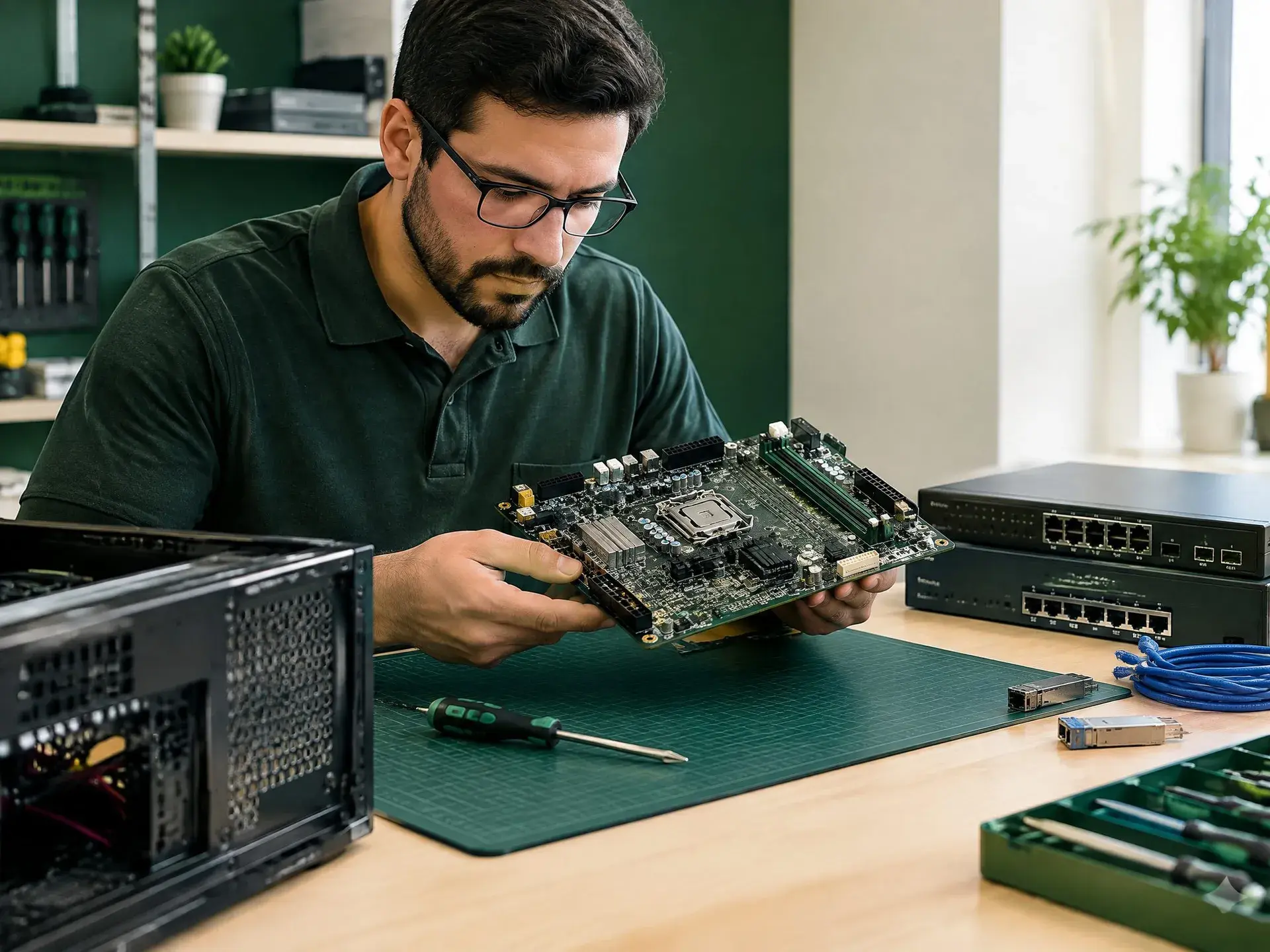 Technician holding a computer motherboard at a workbench with a network switch and tools