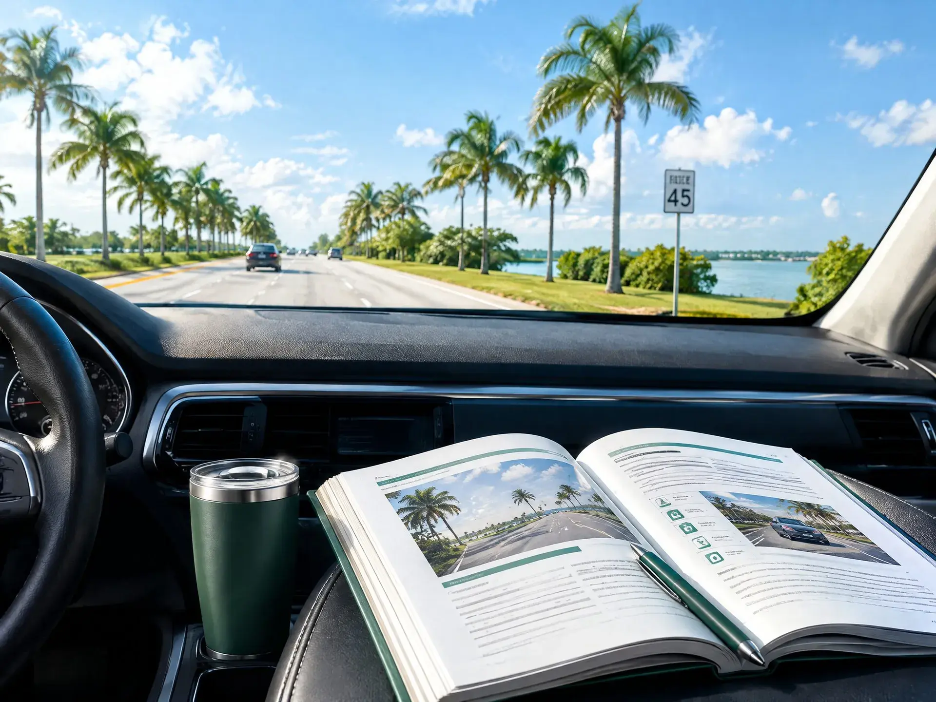 Palm-lined Florida road seen from the driver's seat, with an open driver handbook on the dashboard