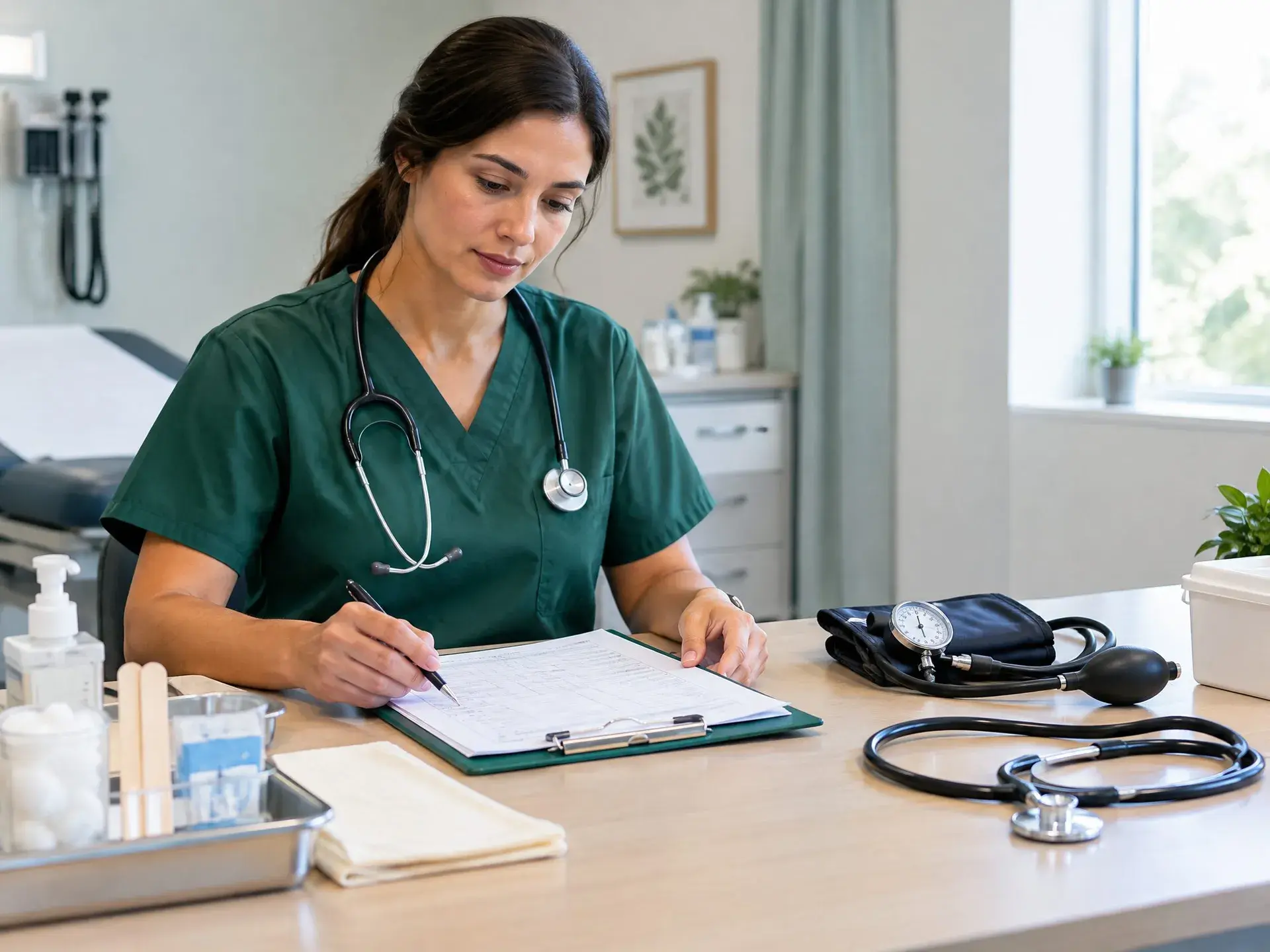 Nurse in green scrubs writing notes at a desk with a stethoscope and a blood pressure cuff