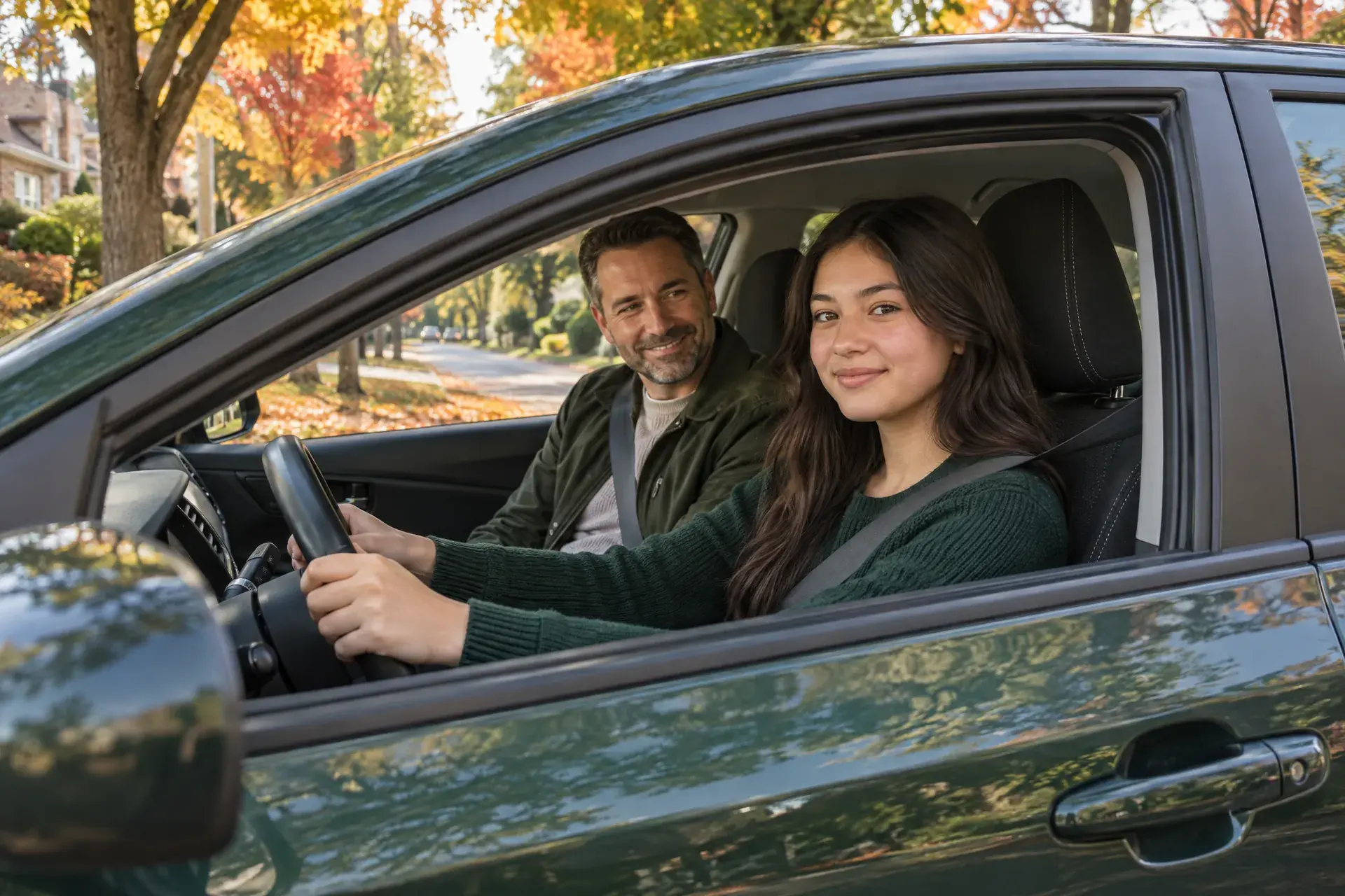 Young driver and an adult smiling from the front seats of a car