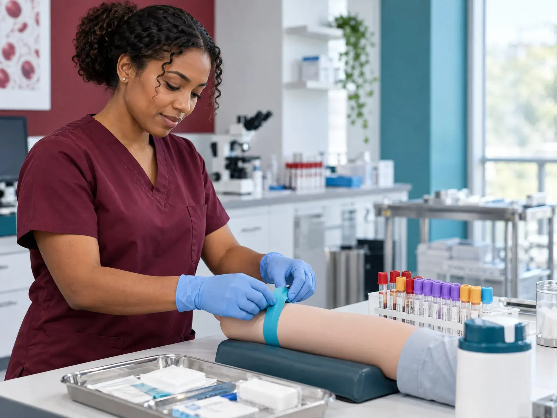 Phlebotomist in gloves preparing a practice arm for a blood draw beside labeled tubes