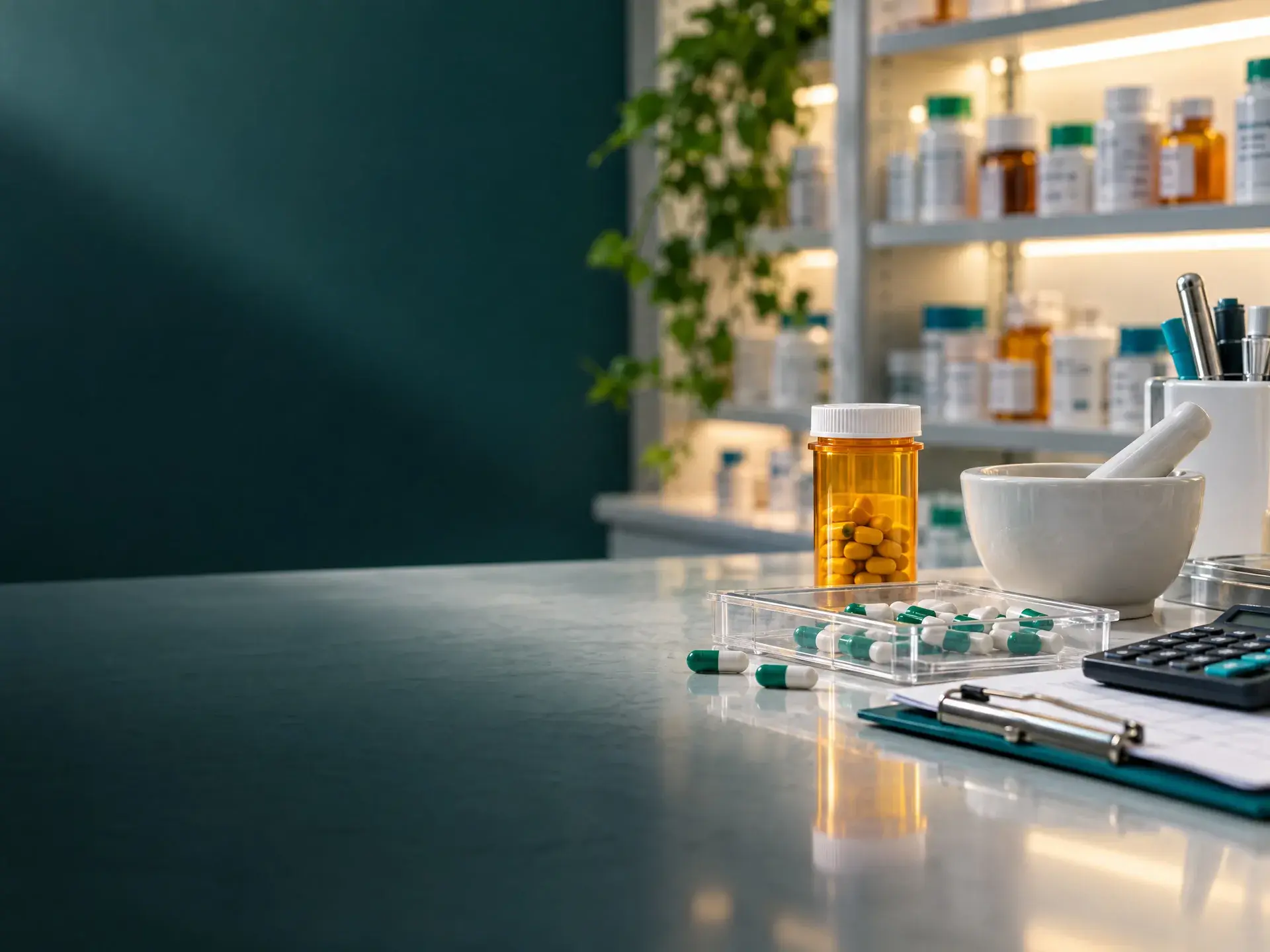 Pharmacy counter with medicine bottles, a mortar and pestle and shelves of stock
