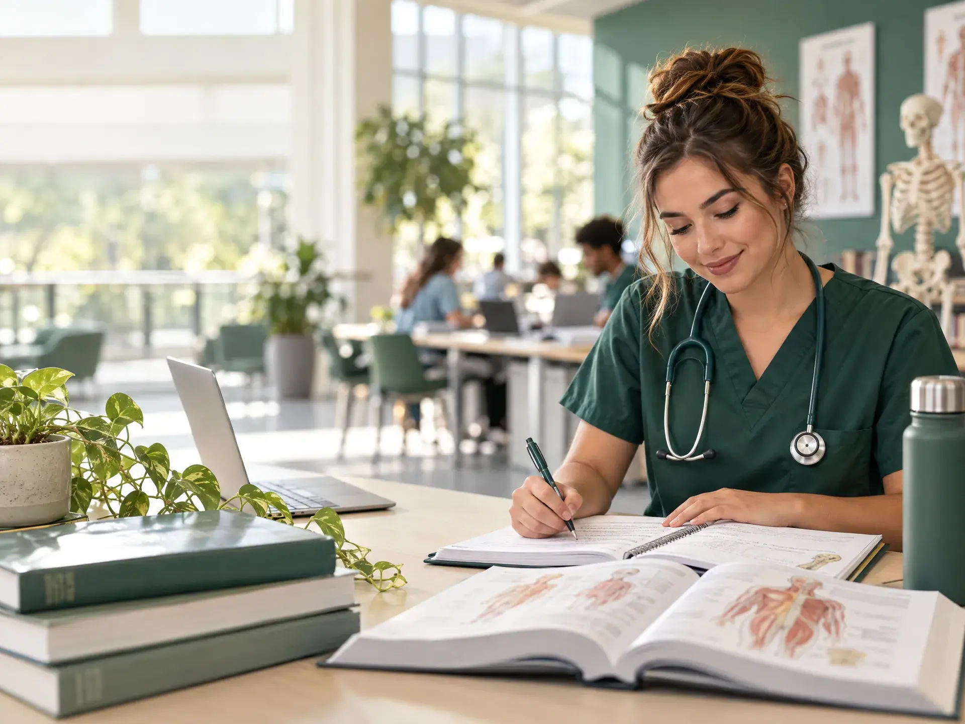 Nursing student in scrubs taking notes from an anatomy book in a library