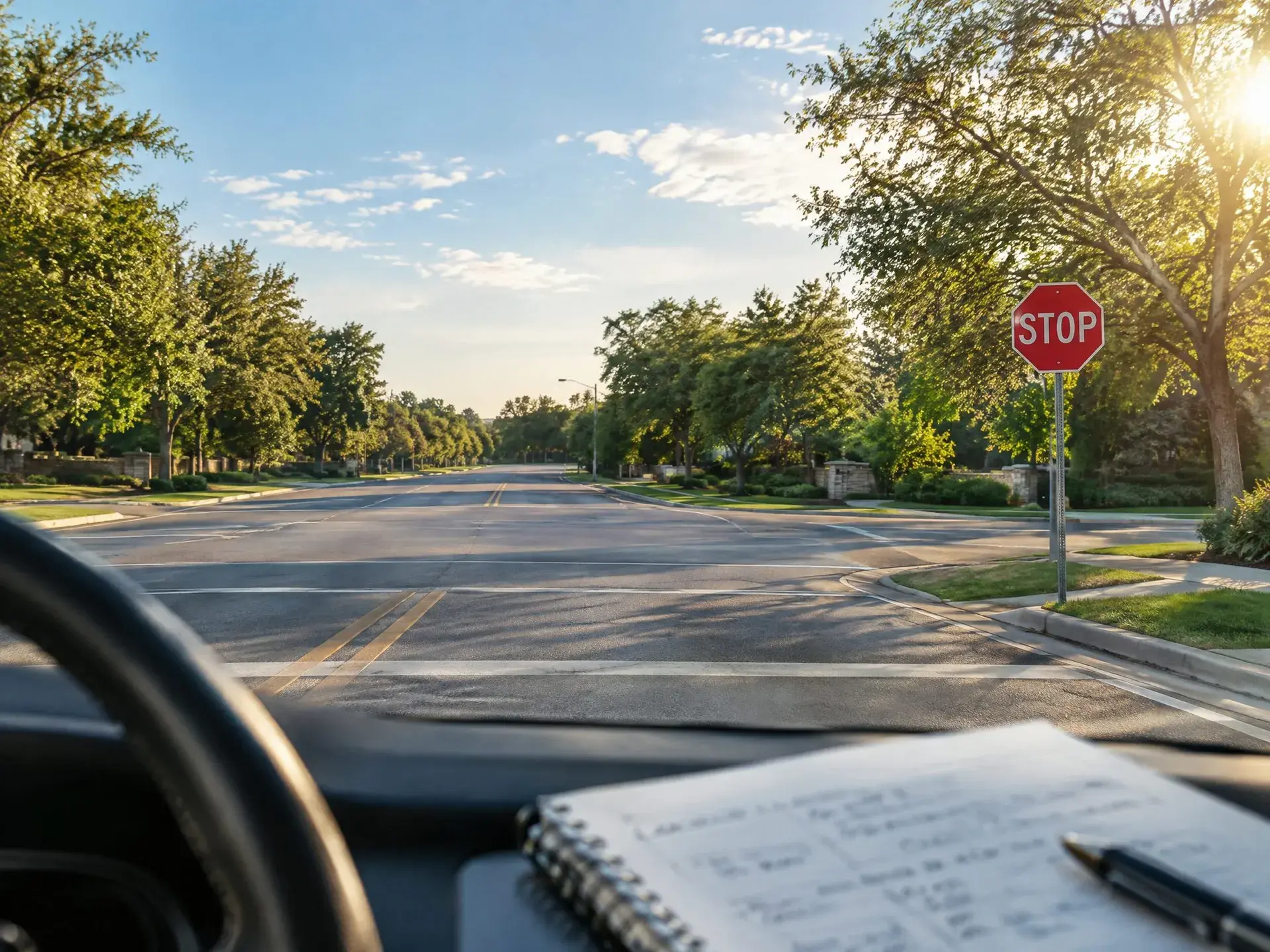 Driver's view of a Texas road with a stop sign ahead and a notebook on the dashboard