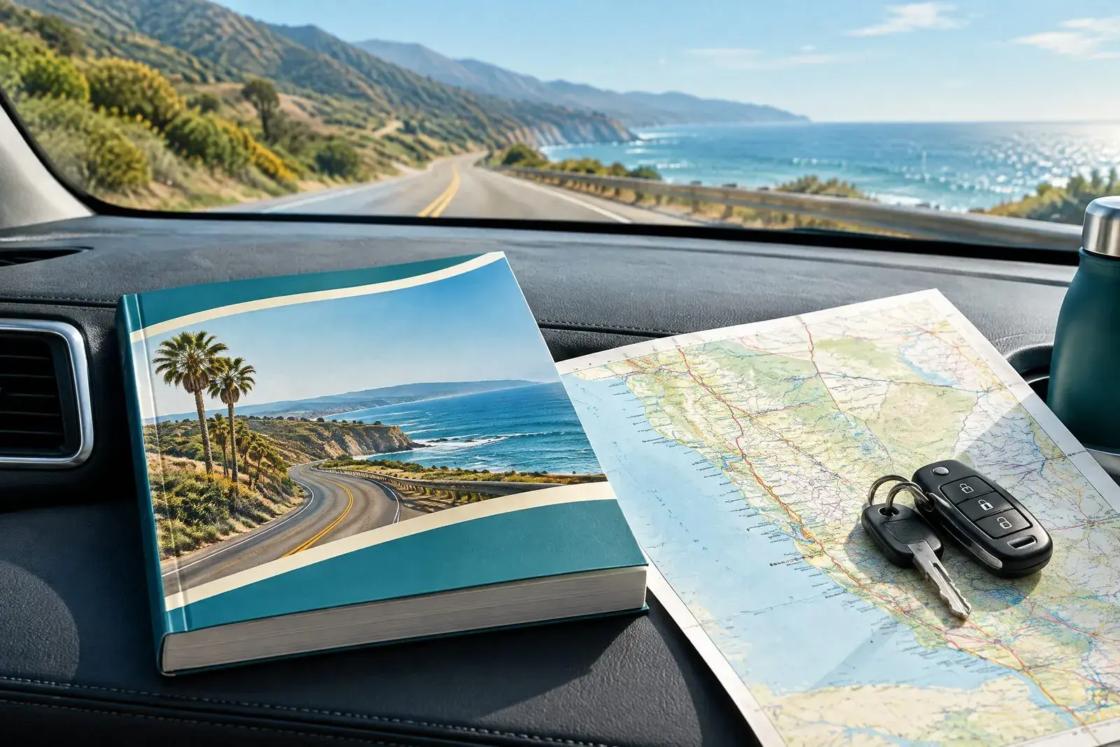 California driver handbook, a map and car keys on a dashboard overlooking the coast