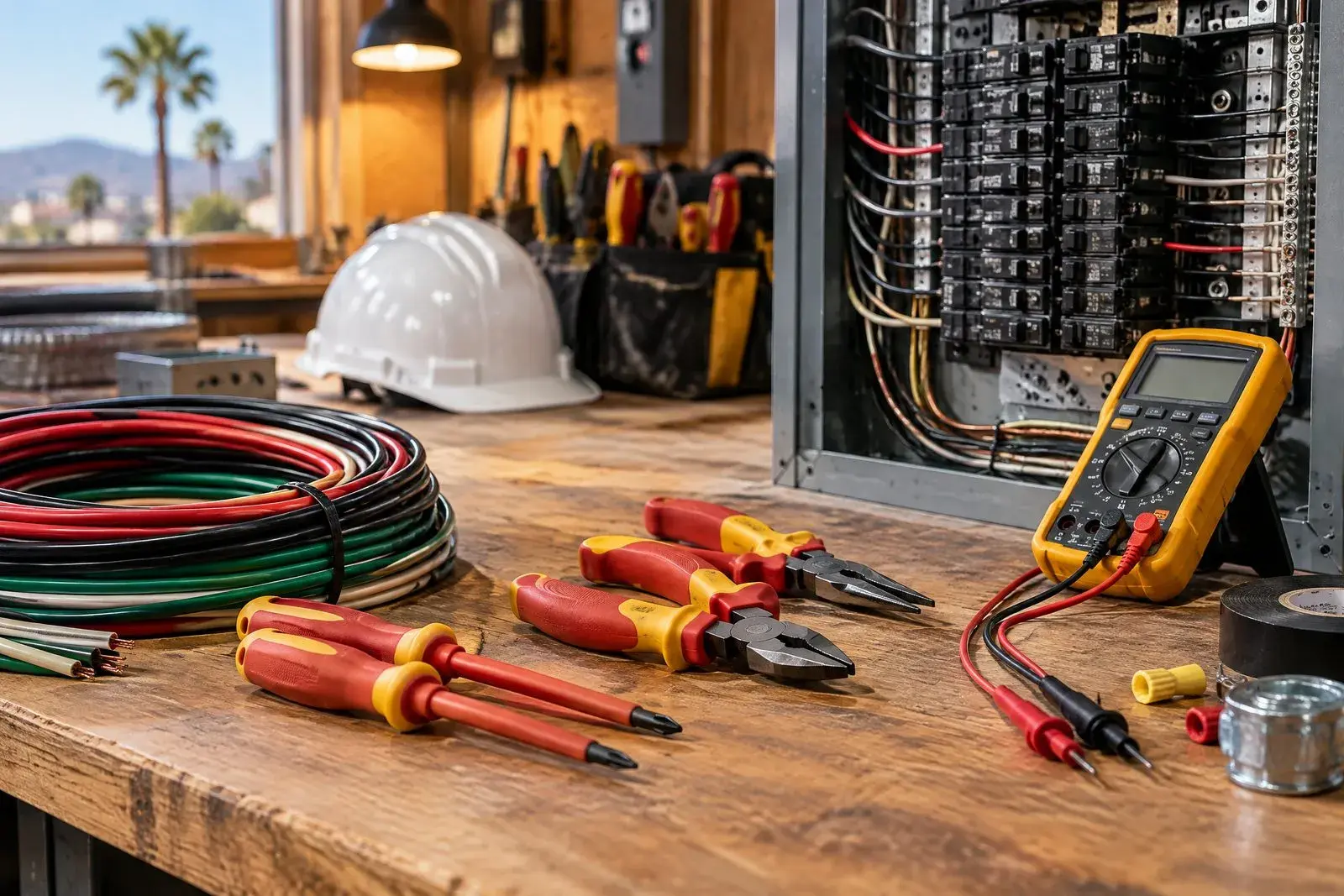 Electrician's bench with a multimeter, wire, screwdrivers, a hard hat and a breaker panel