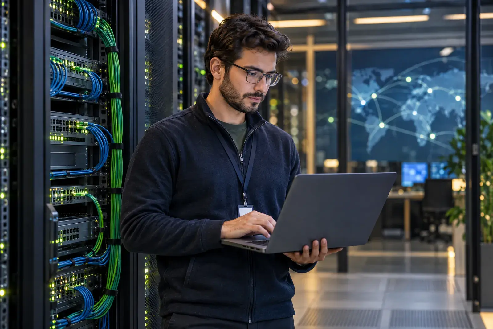Network engineer with a laptop in a data center aisle