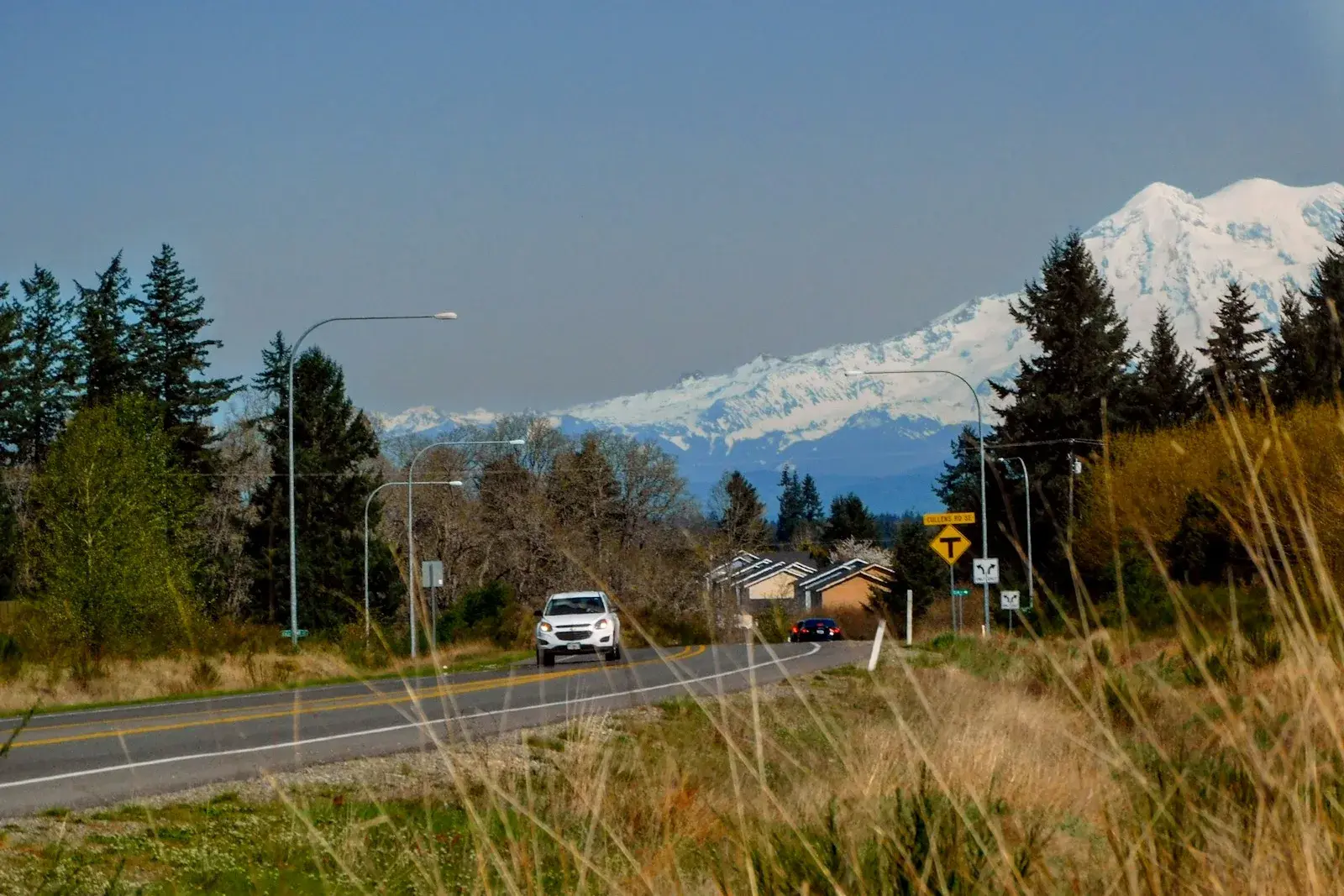 A white car on a two-lane road with snow-capped Mount Rainier behind the trees in Washington
