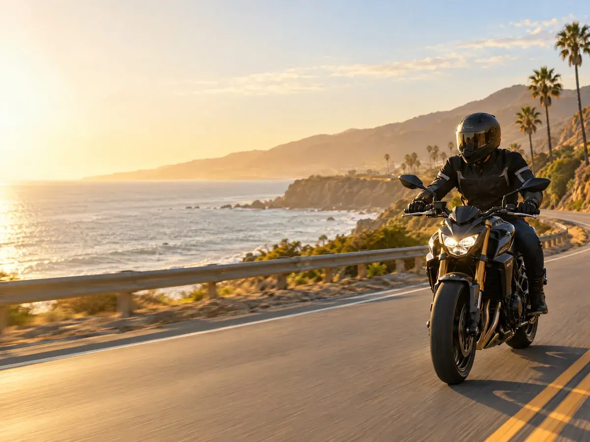 Motorcyclist riding a coastal California highway at sunset