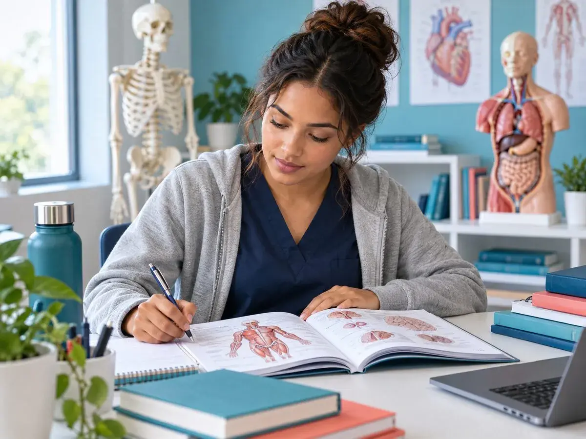 Nursing student studying an anatomy book beside an anatomical model