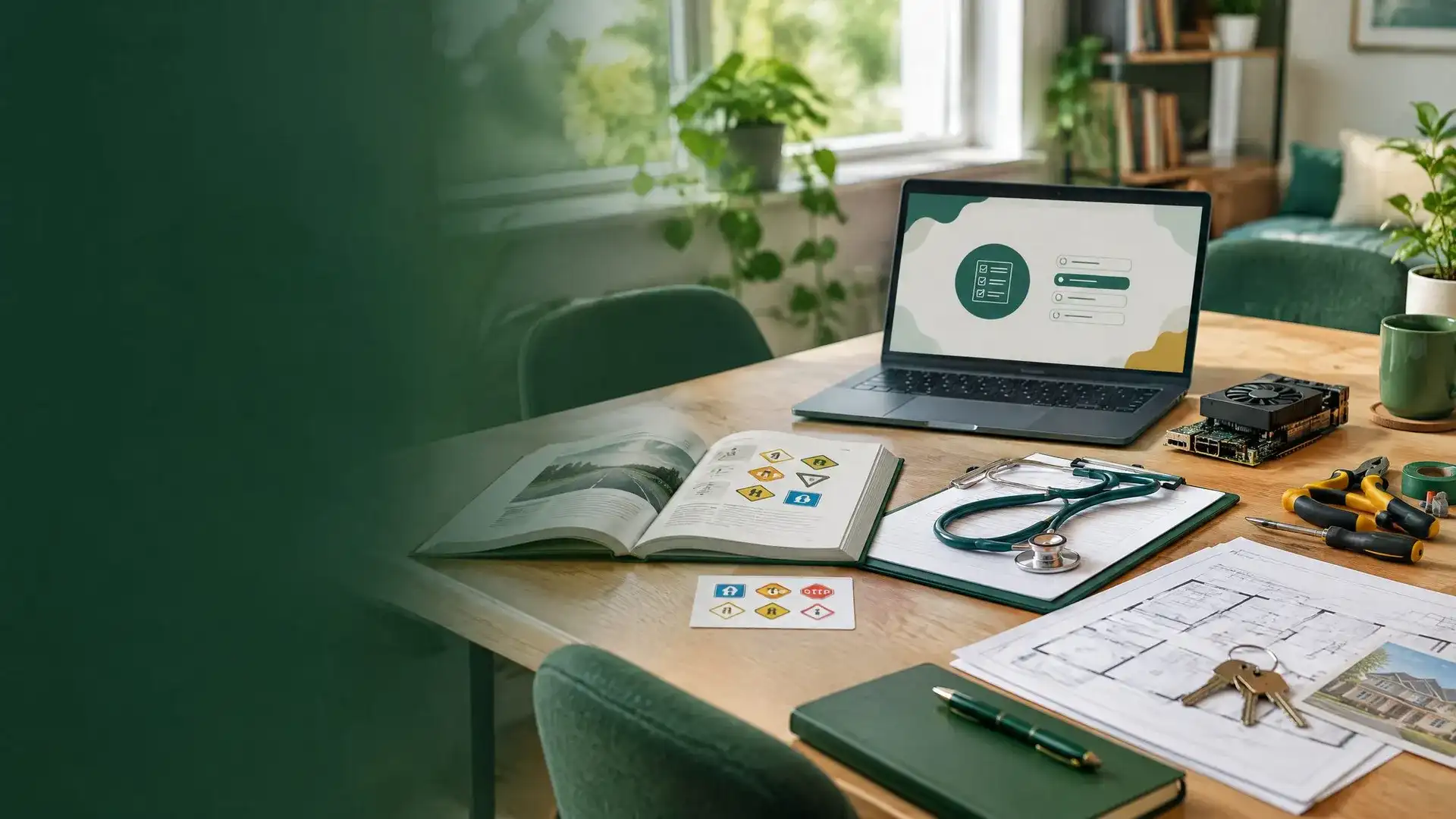 Desk with a laptop, study guides, flash cards and a stethoscope
