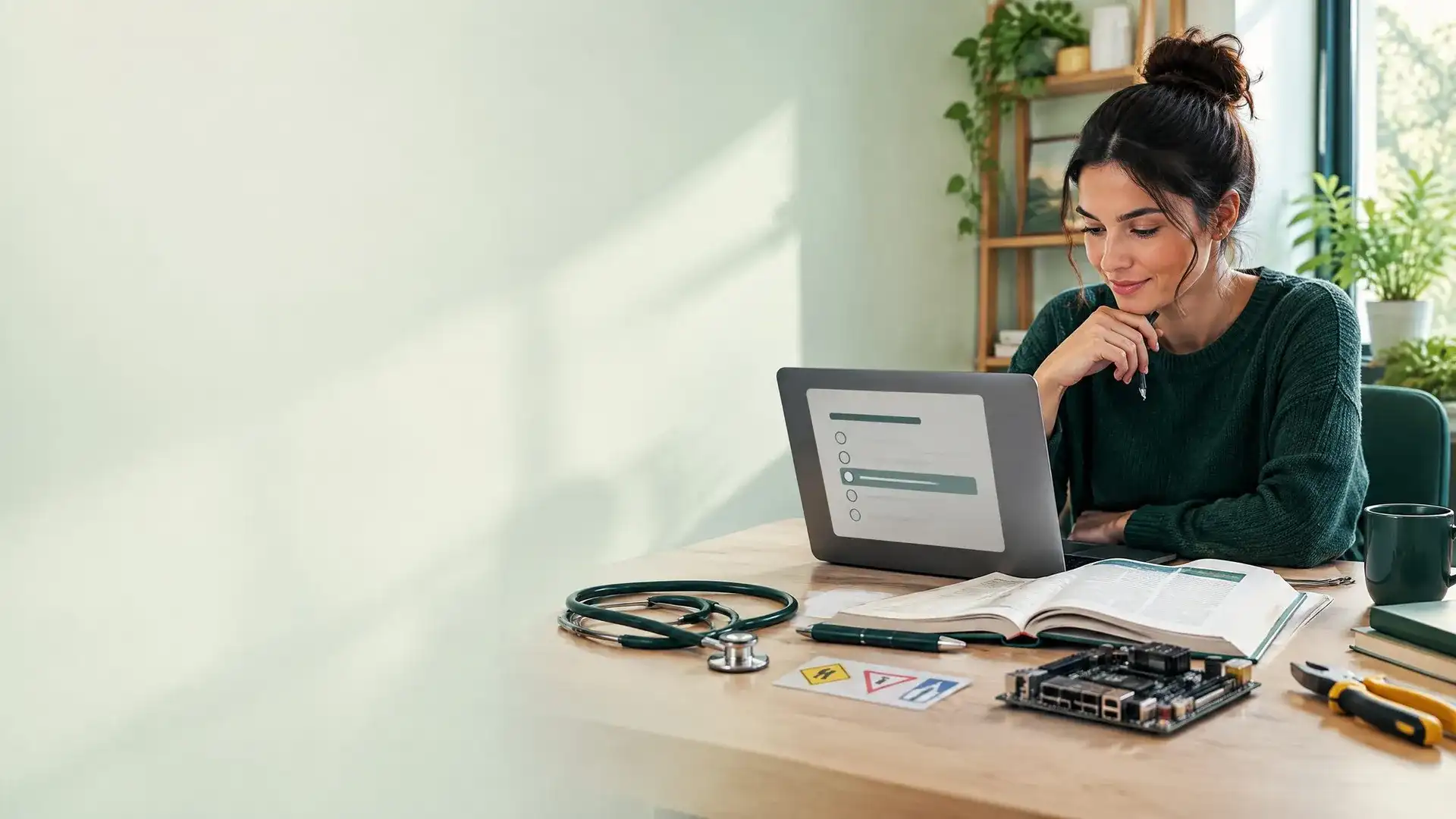 Student studying with a laptop and an open book at a bright desk