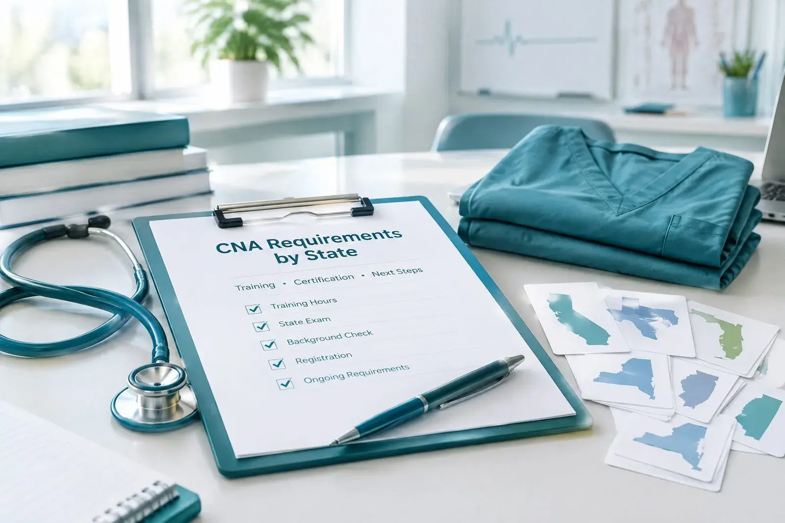 Clipboard titled CNA Requirements by State with a stethoscope, scrubs and state map cutouts