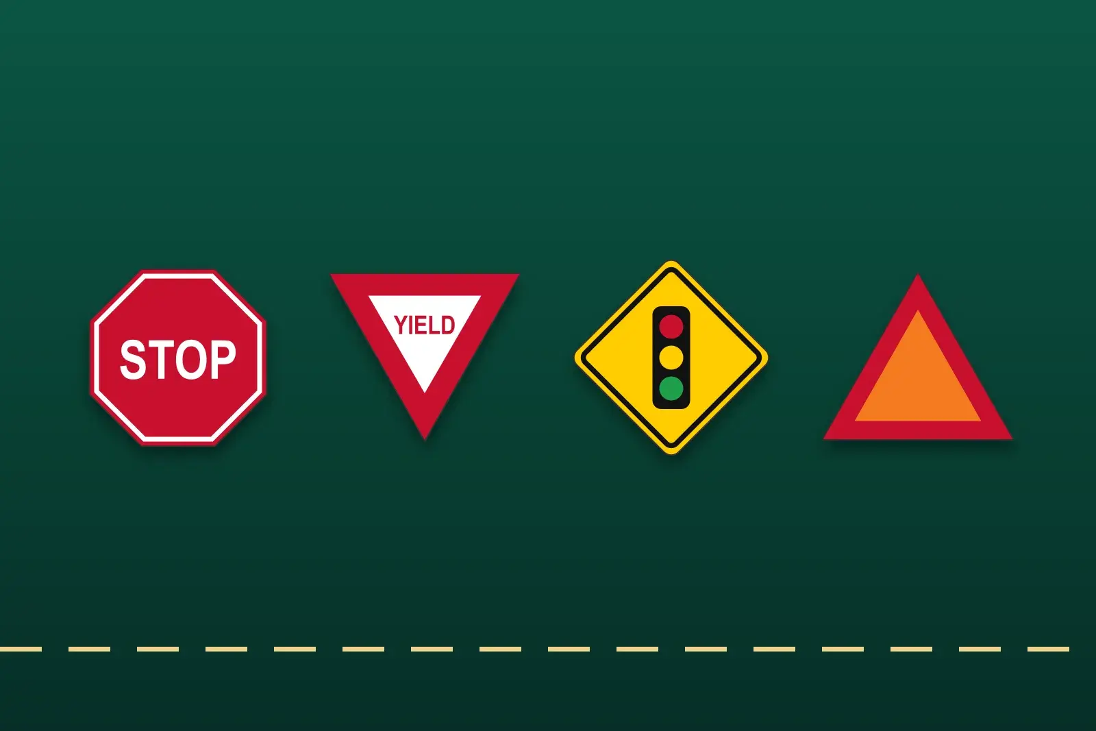 Four US road signs on dark green: STOP, YIELD, signal ahead and the slow-moving-vehicle triangle