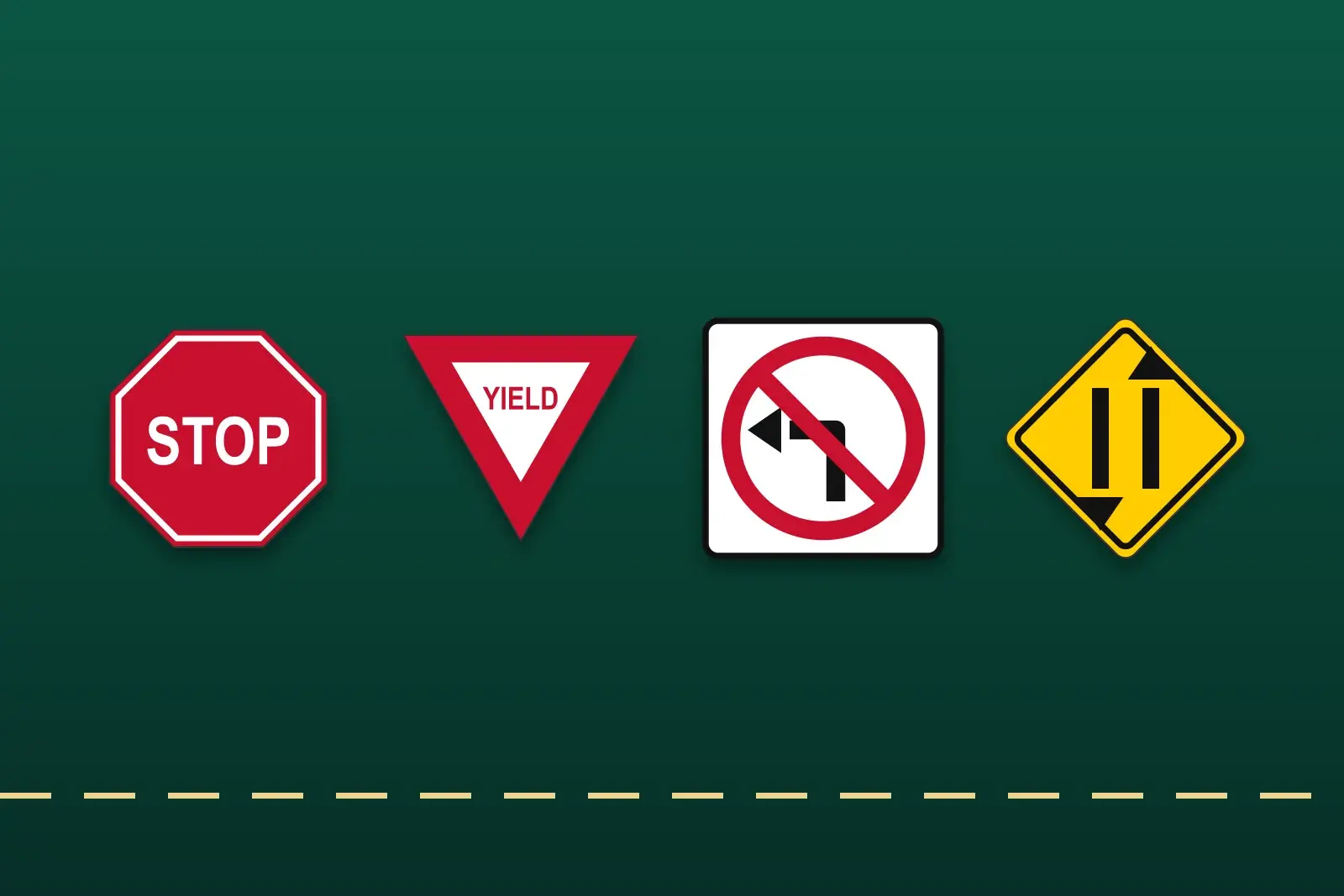 Four US road signs on dark green: STOP, YIELD, no left turn and two-way traffic