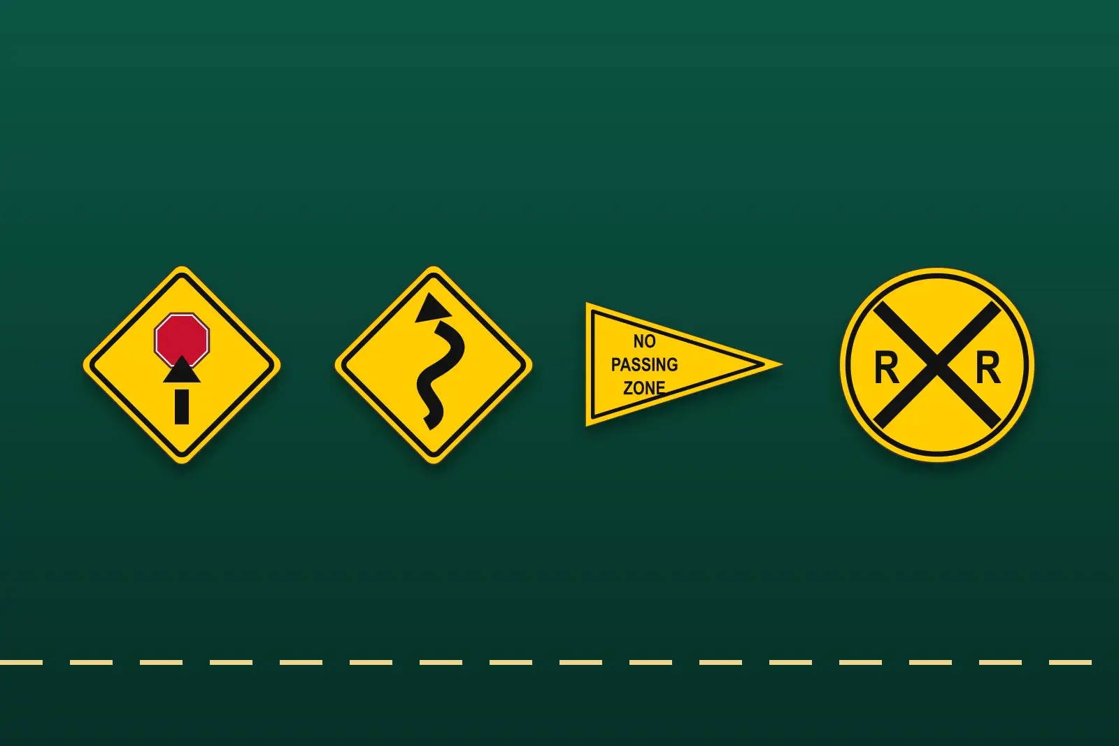 Four US road signs on dark green: stop ahead, winding road, a NO PASSING ZONE pennant and a railroad advance warning