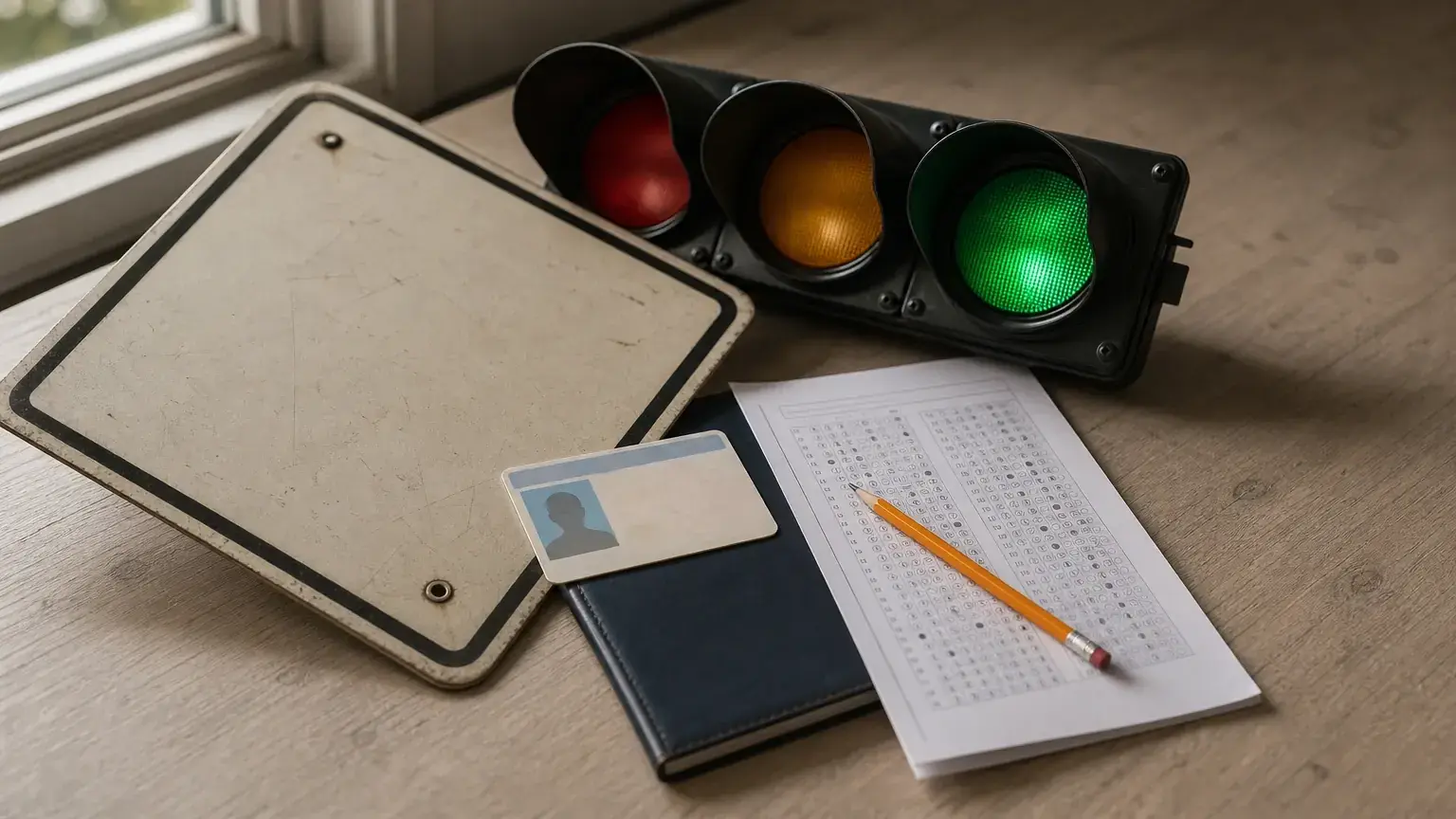 Traffic light, a blank road sign, a learner ID card and a bubble answer sheet with a pencil on a wooden table