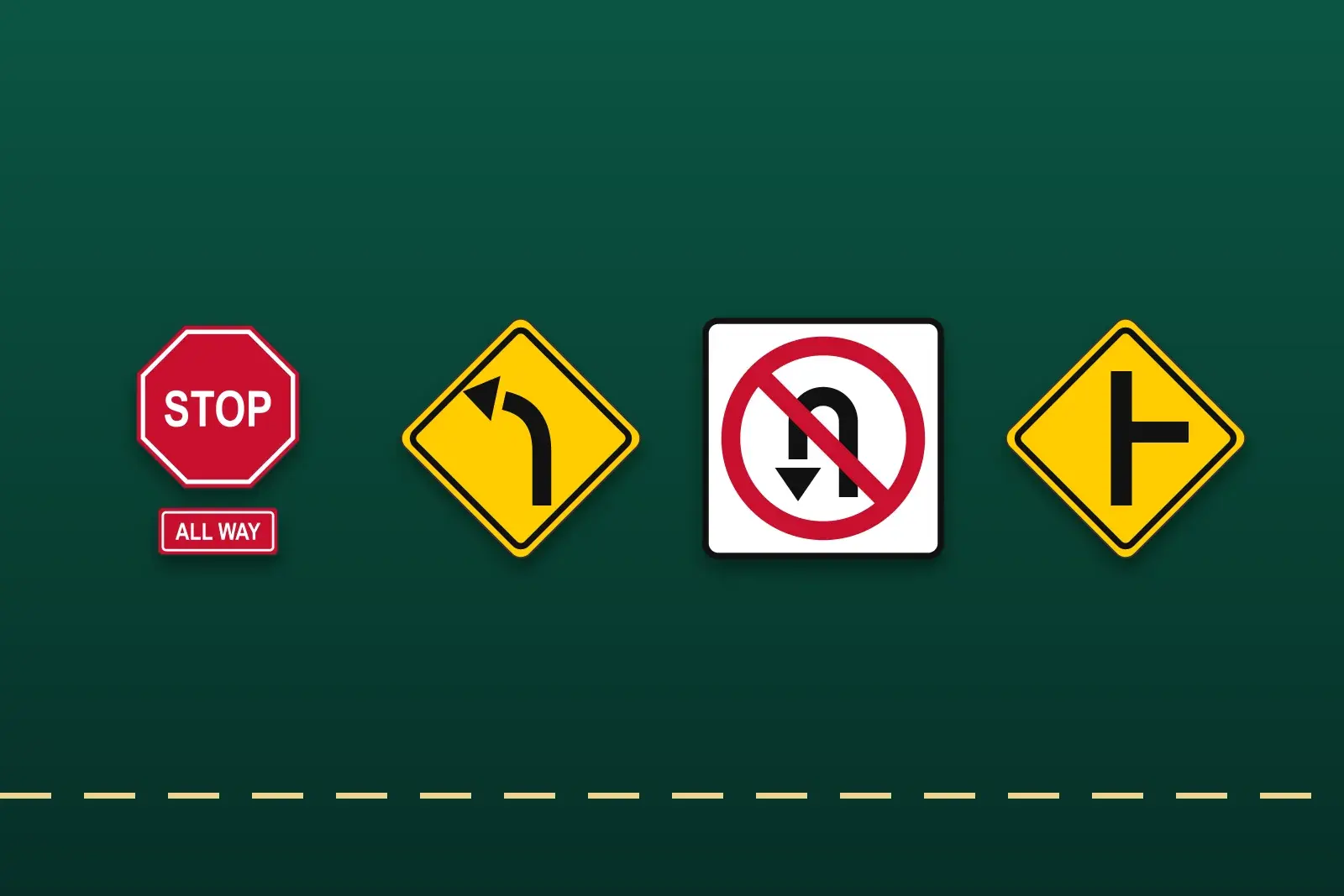 Four US road signs on dark green: all-way STOP, curve left, no U-turn and side road